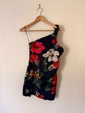 One-Shoulder Tropical Floral Mini Dress in Navy